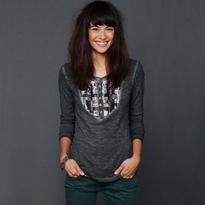 Free People Tiger Eyes Gray Sequin Bib Henley